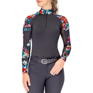 Kastel Denmark Ladies Black Watercolor Floral Raglan 1/4 Zip Long Sleeve Sun Shirt