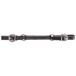 A dark brown leather horse bridle curb strap