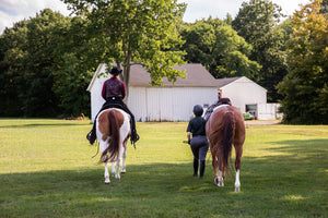 An English rider and a Western rider walking their horses back to the barn after a lesson — the ARENA Method is discipline-neutral, English and Western taught side by side.